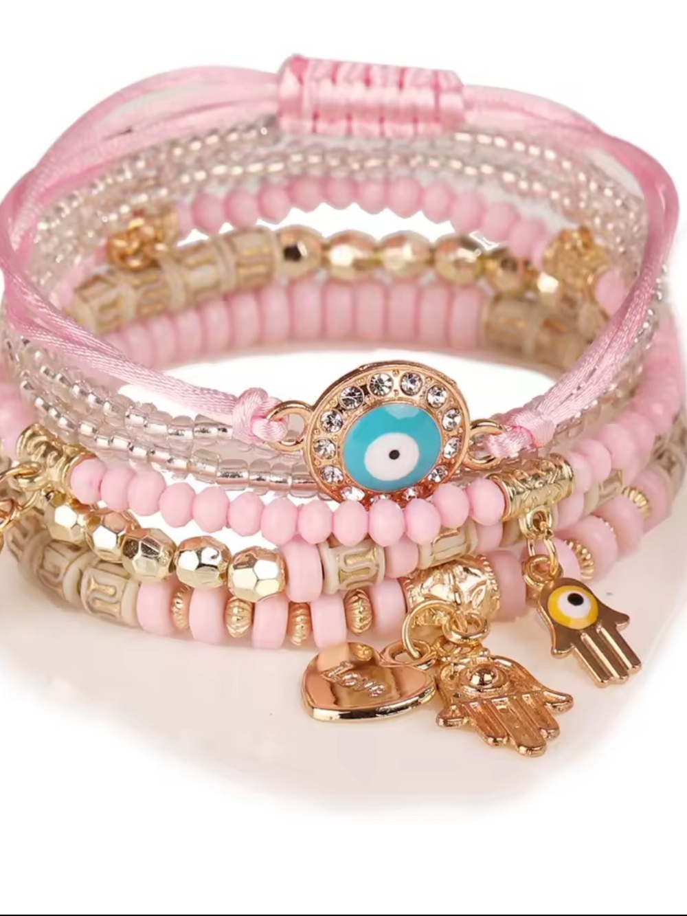 Pink Beaded Wrap Bracelet with Gold Hamsa & Evil Eye Charms